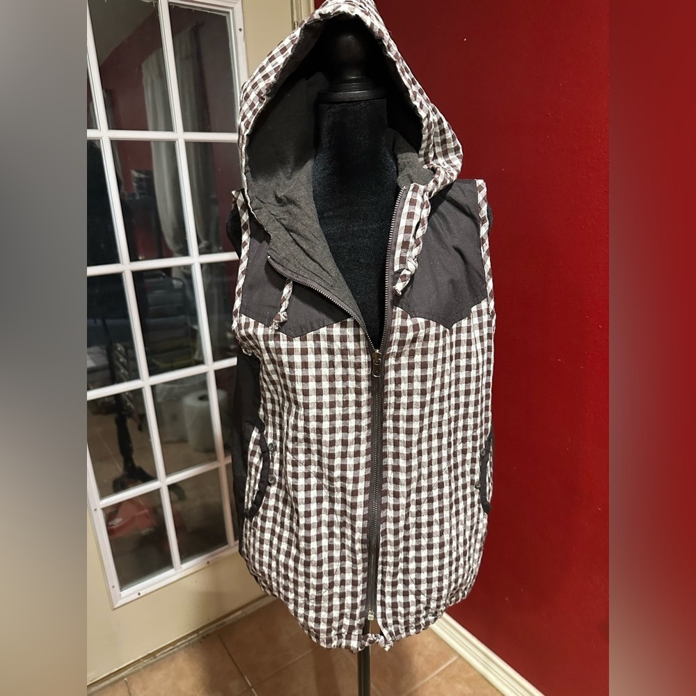 Vintage Japanese Bally Gingham Hooded Vest Brown White Check Cotton Women’s M/L